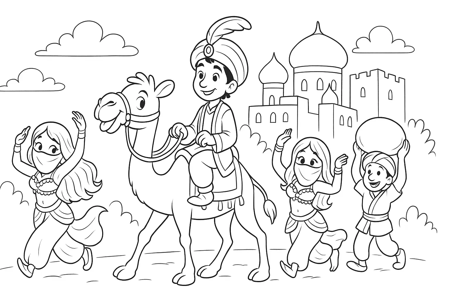 1001 Nights Coloring – PDF with Camel, Dancers, Palace