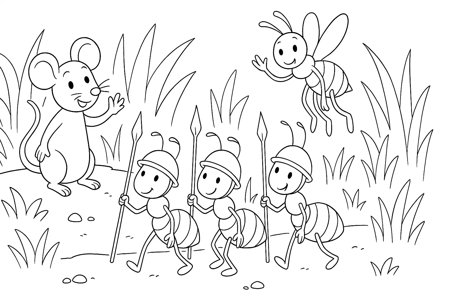 Ants with Mouse and Bee – Fun Coloring Page for Kids