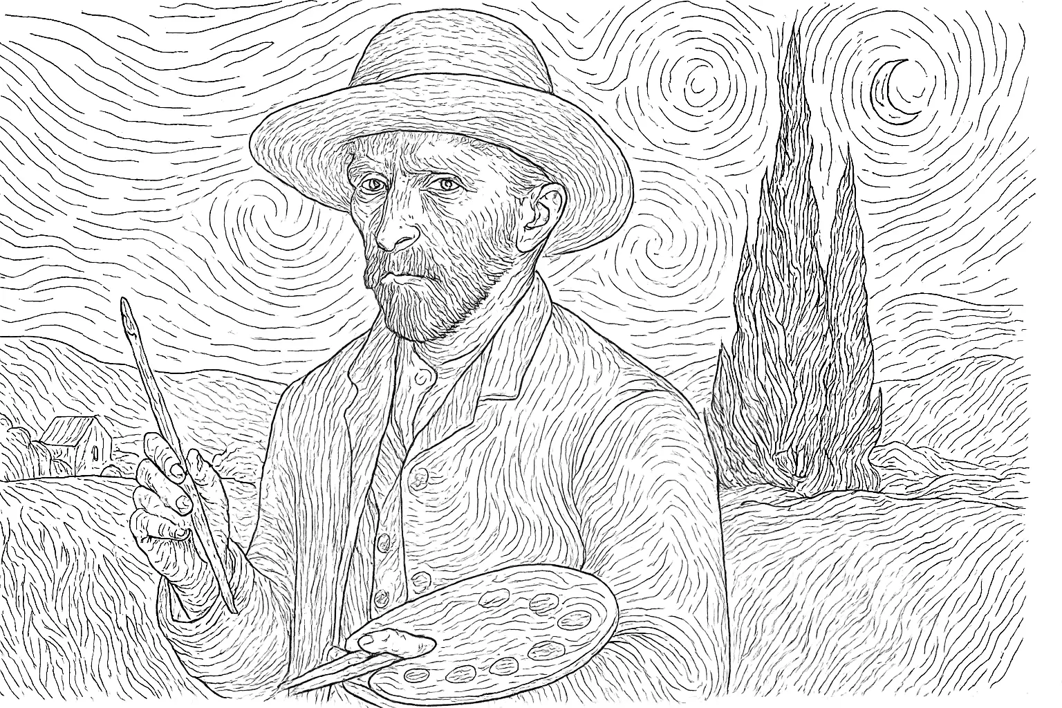 Artist with Brush – Van Gogh–Style Coloring Page (PDF)