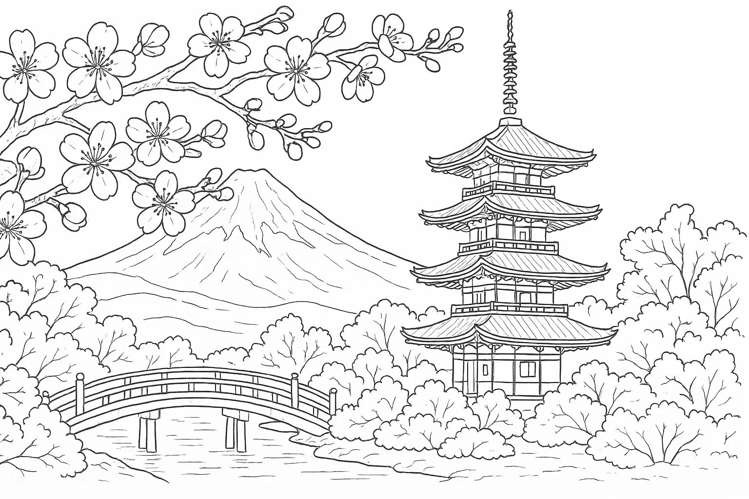 Asian Coloring Page – Paint Pagoda & Cherry Blossoms