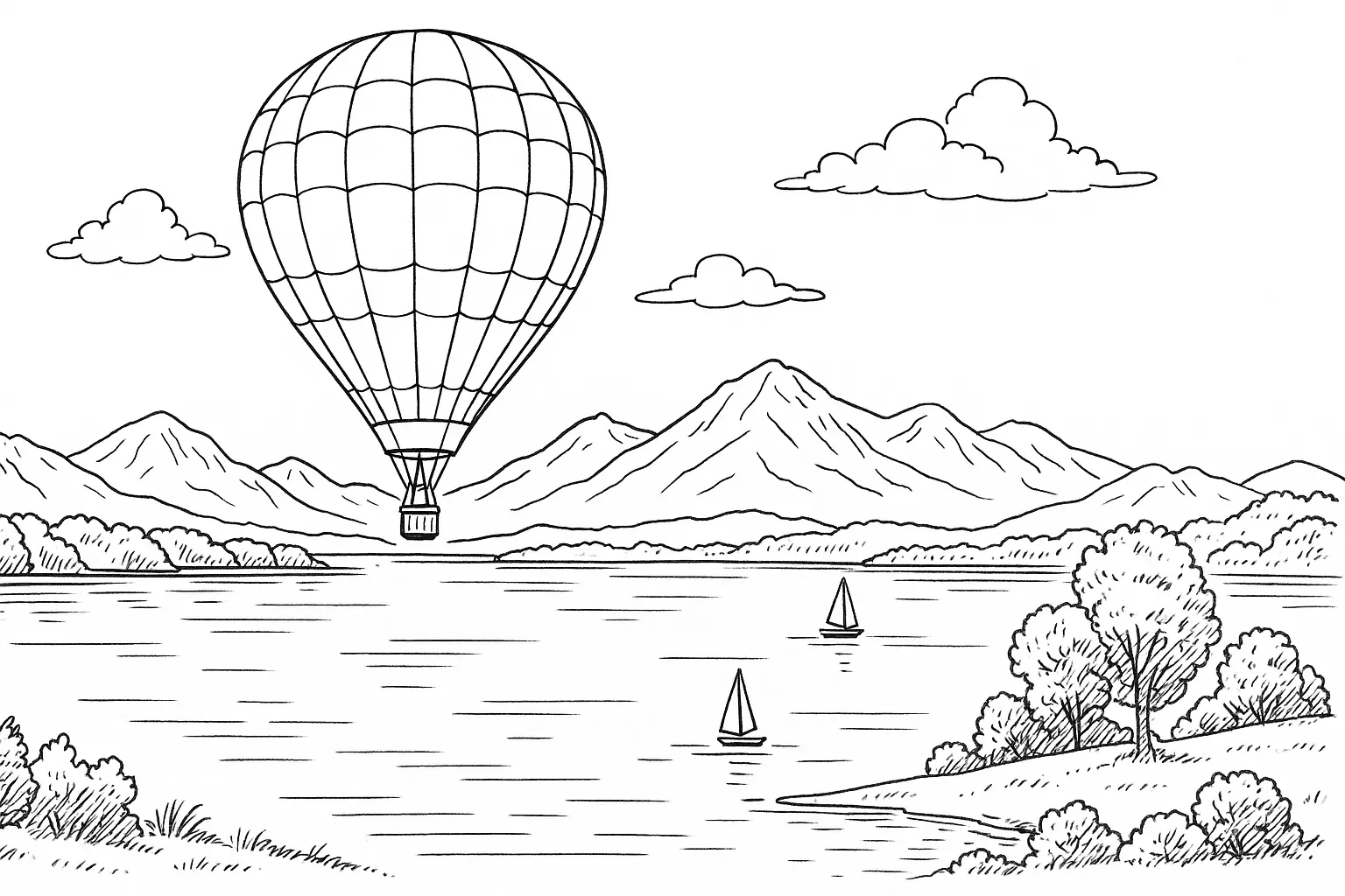Balloon Over Lake – Coloring Page with Mountains and Sails
