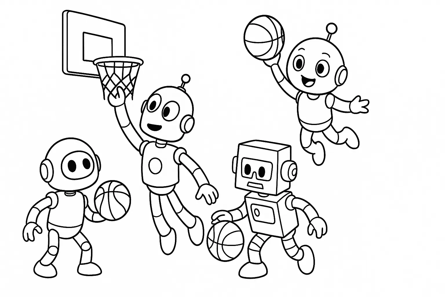 Basketball-Playing Robots – PDF Coloring Page