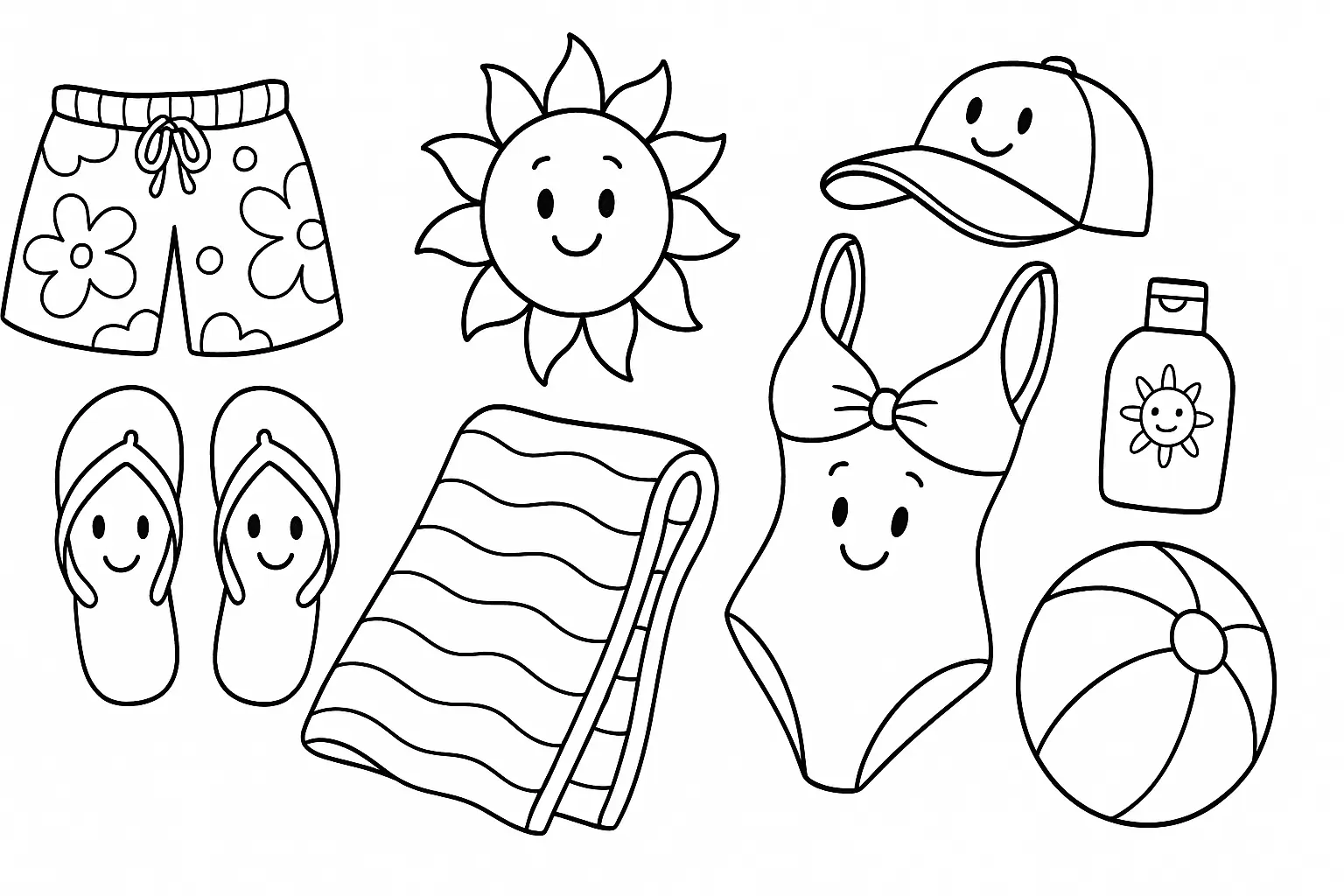 Beach Day in Pictures – Summer Items Coloring Page
