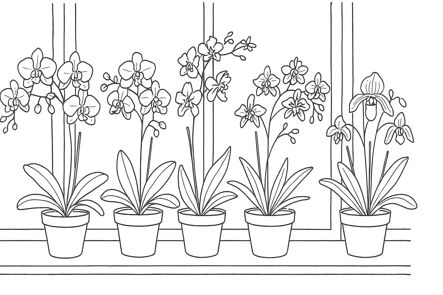 Blooming Houseplants – Coloring Page with Five Orchids (PDF)