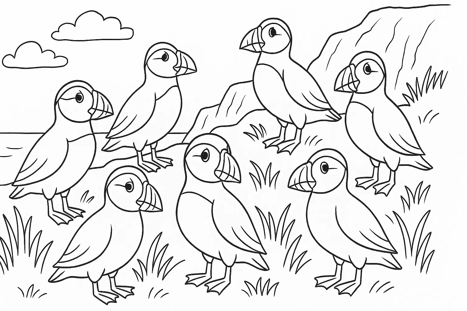Colony by the Sea – Puffins Coloring Page