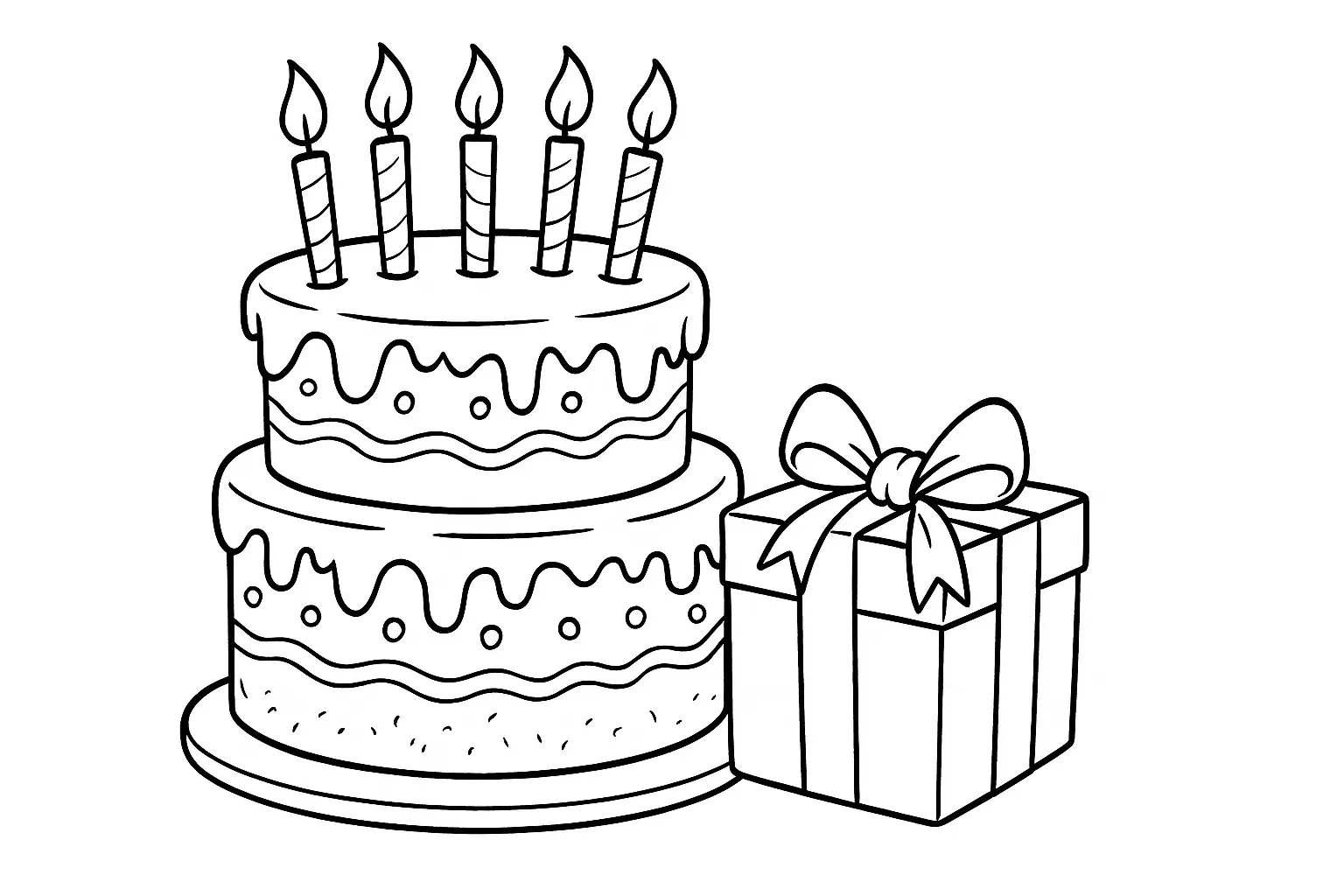 Coloring Page: Cake with Candles & Gift to Print