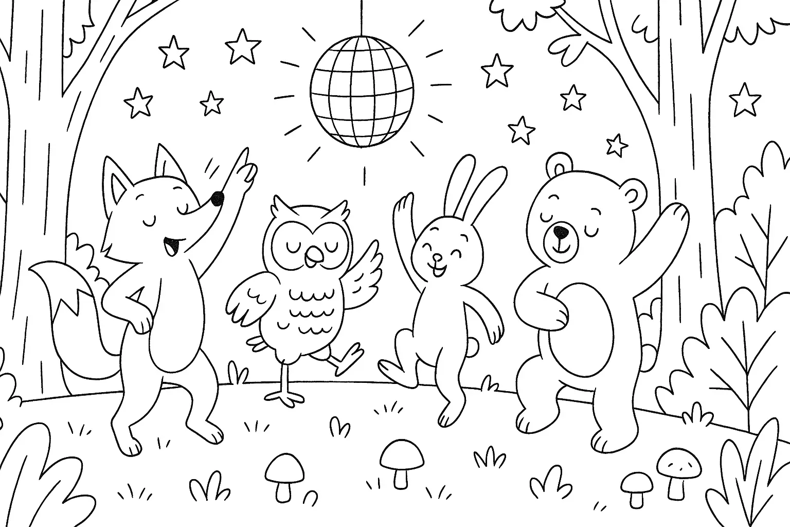 Coloring Page: Forest Animals Dancing at Night — Free PDF