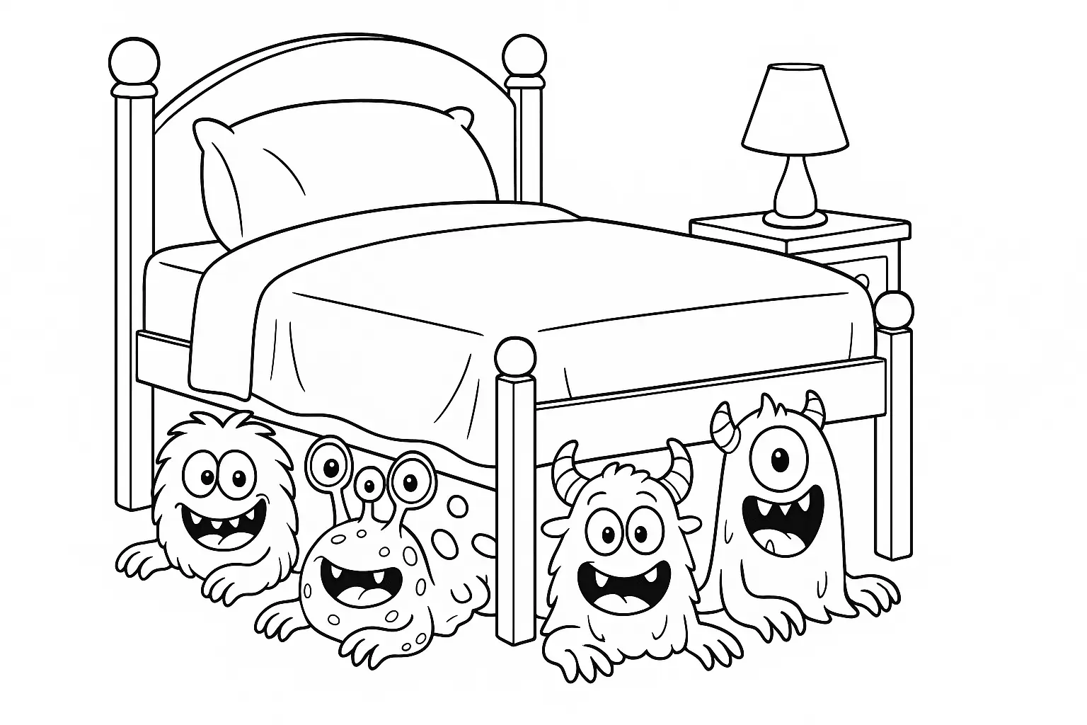 Coloring Page: Four Monsters under the Bed – Download Now