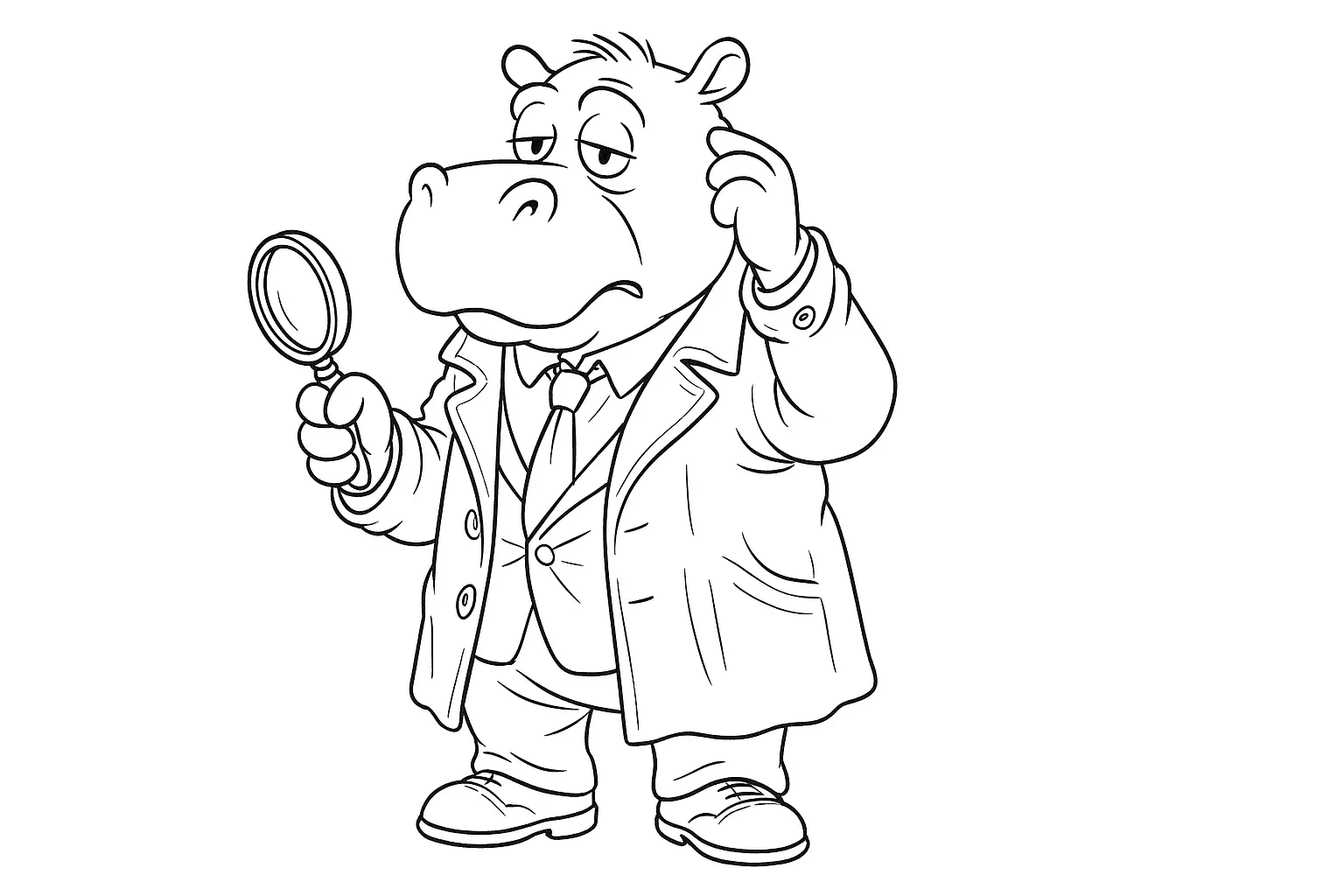 Coloring Page: Hippo — Coat & Magnifying Glass for Kids