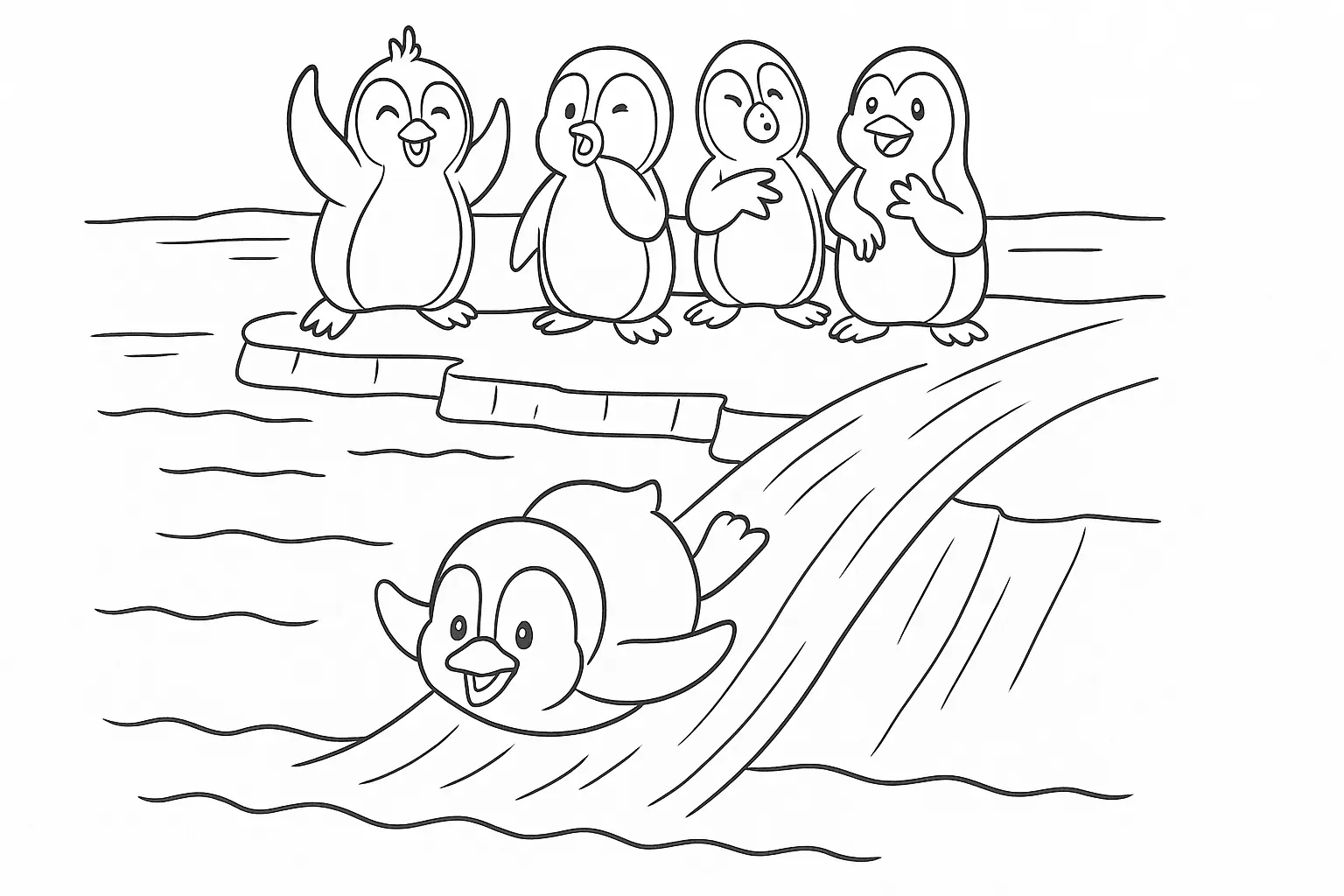 Coloring Page: Penguins on Ice with Sliding Fun