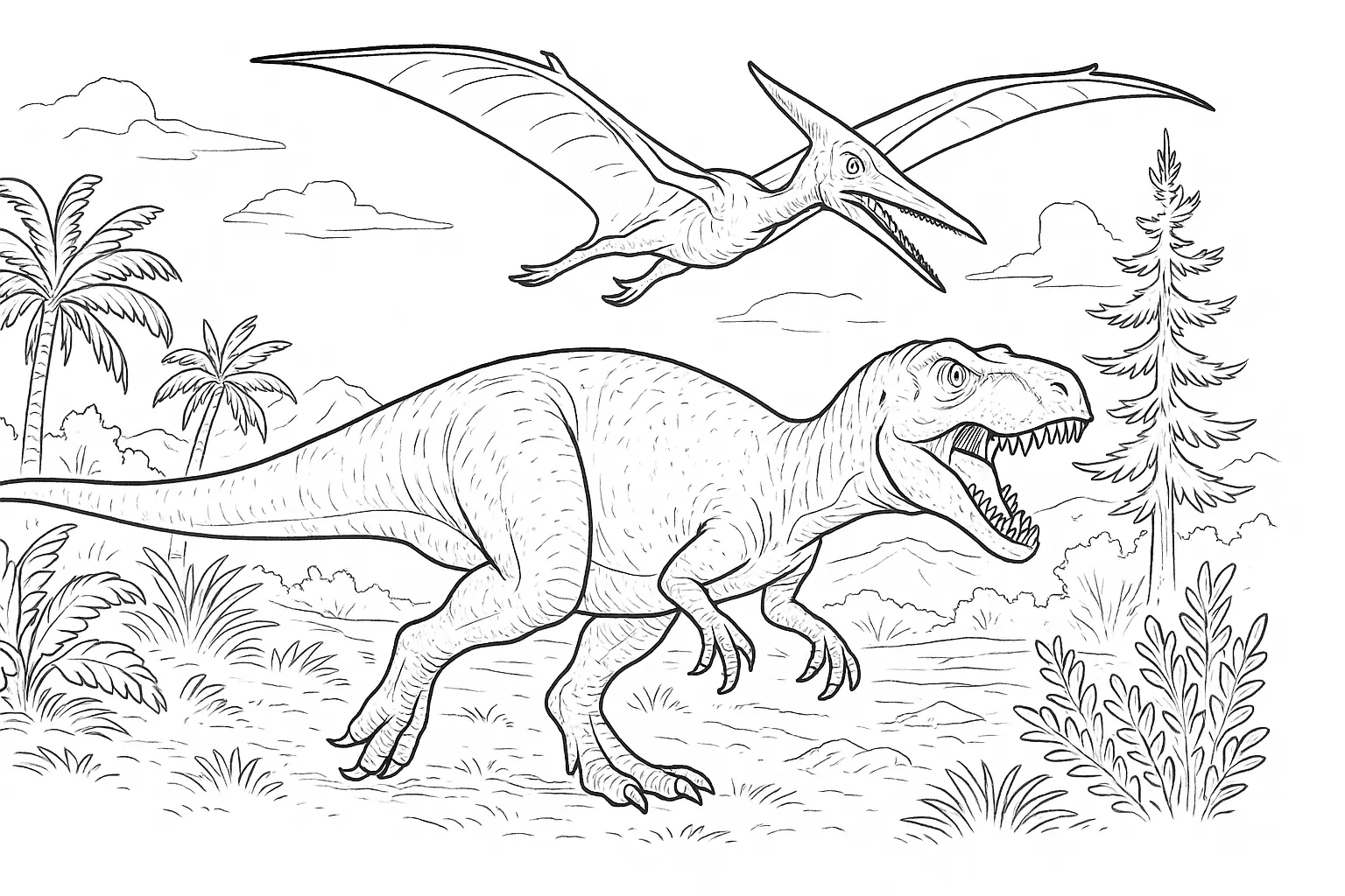 Coloring Page: T-Rex and Pteranodon to Print