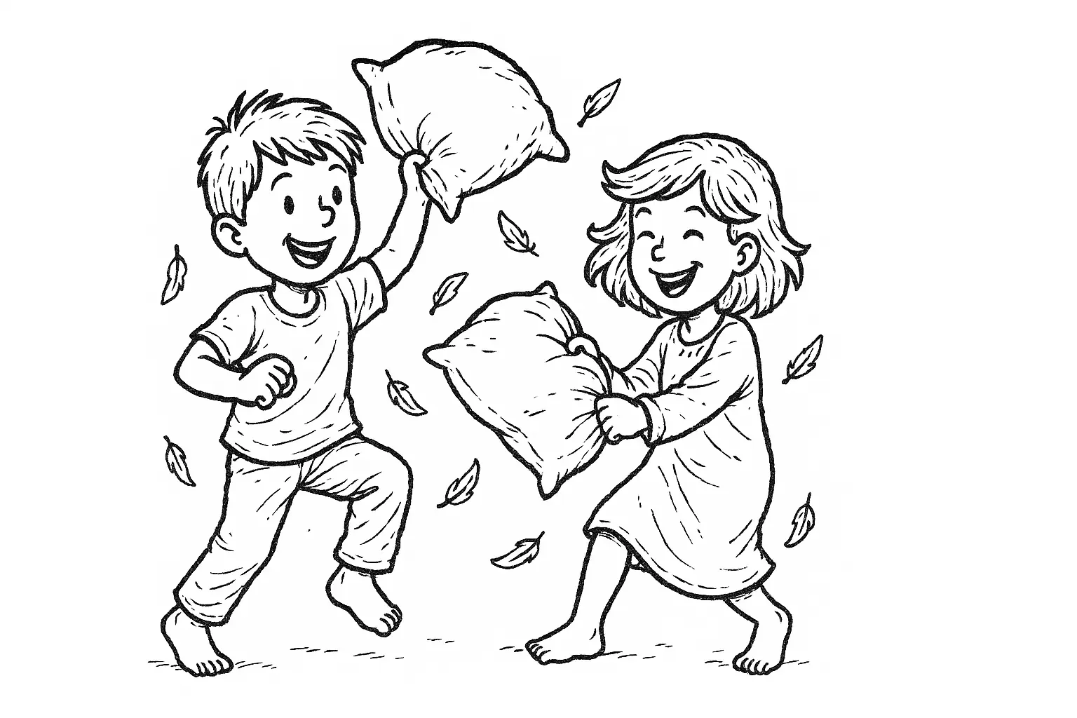 Coloring Page: Two Kids Having a Pillow Fight