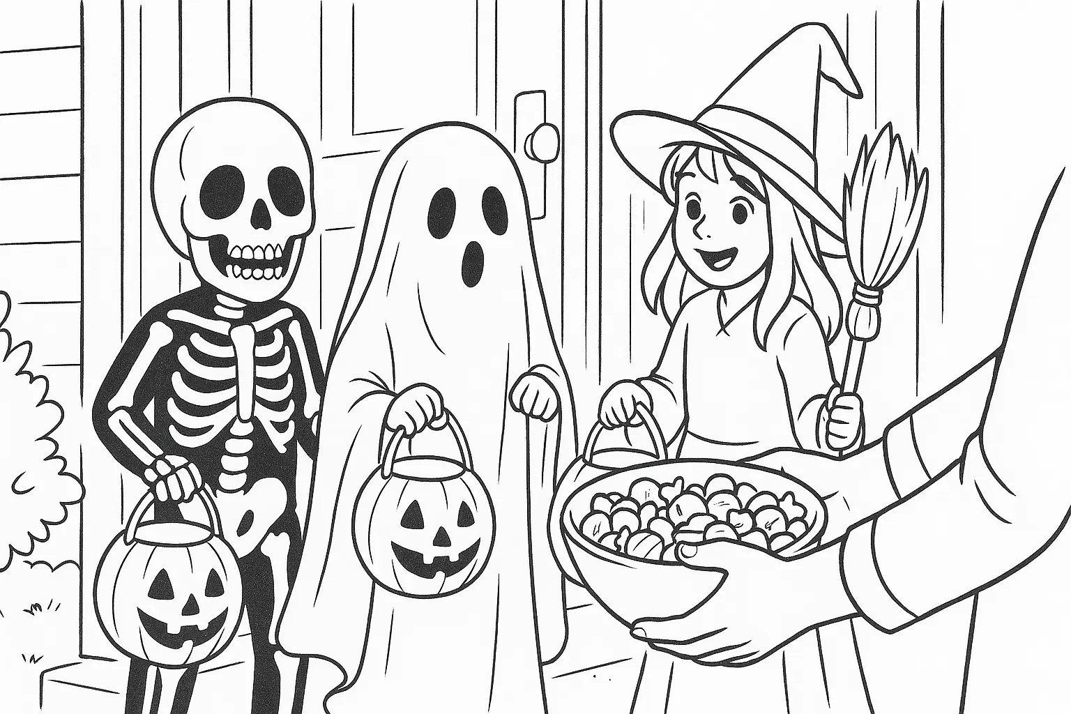 Costumed Kids at the Door – Halloween Coloring Page (PDF)