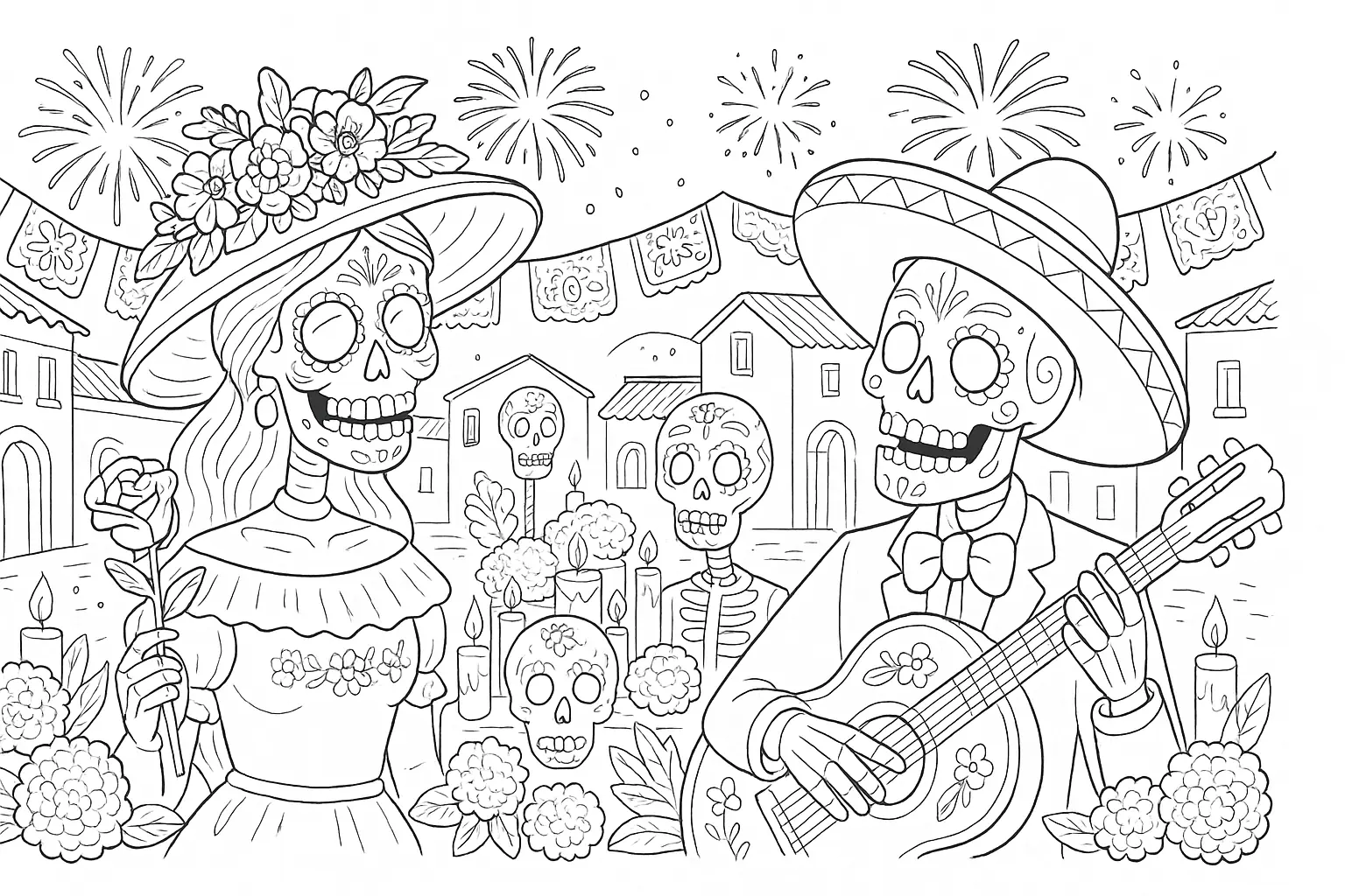 Day of the Dead – Coloring Page with Skeletons & Music