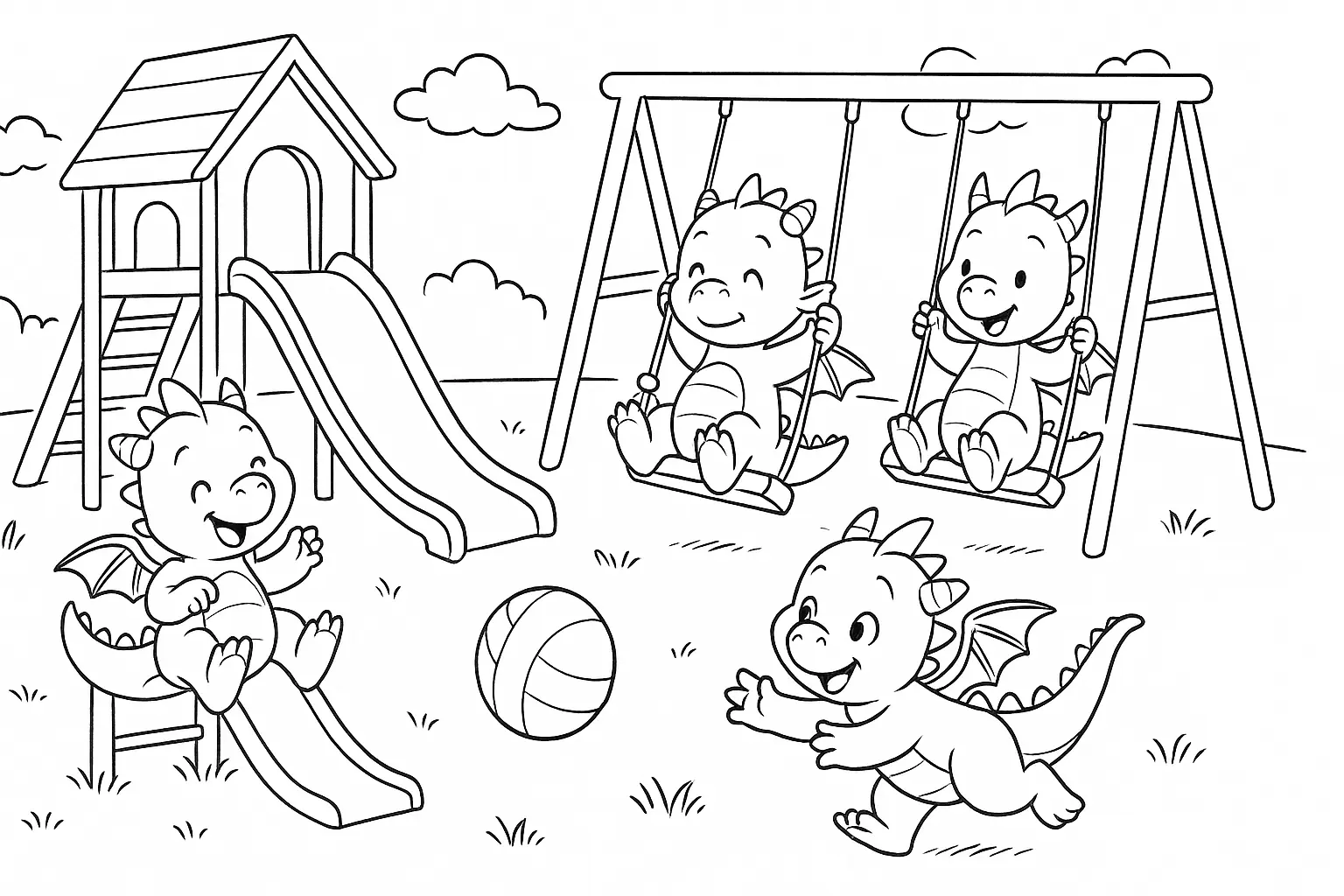 Dragon Coloring Page – Playground Fun with Baby Dragons