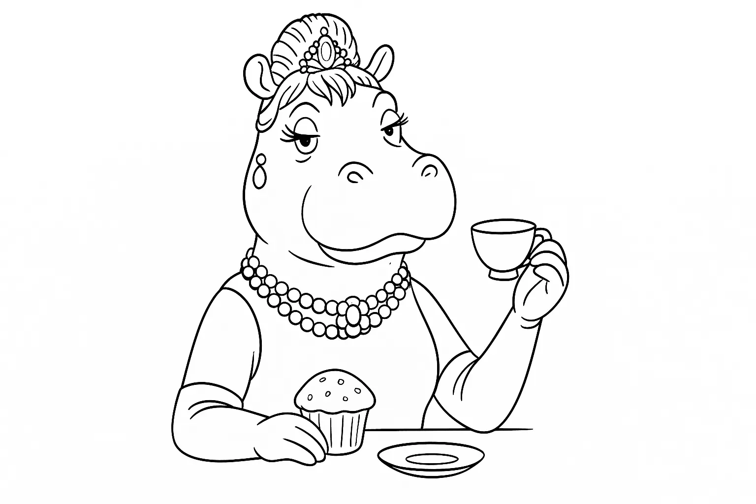 Elegant Hippo at Tea – Free Coloring Template