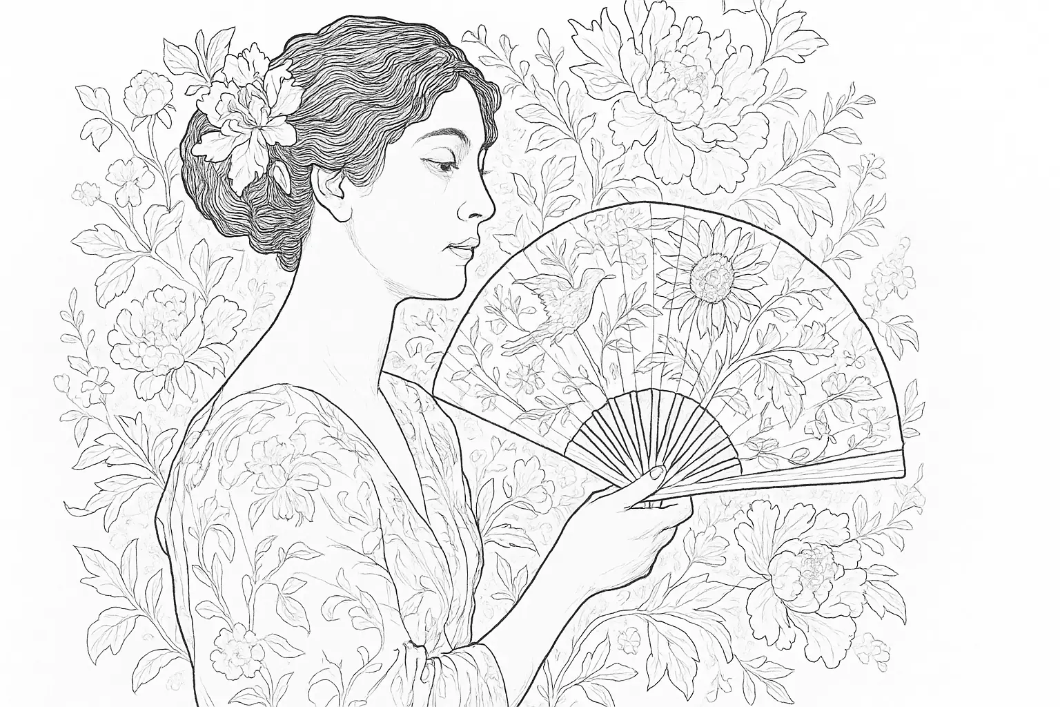 Elegant Woman with Fan Coloring Page: PDF Download