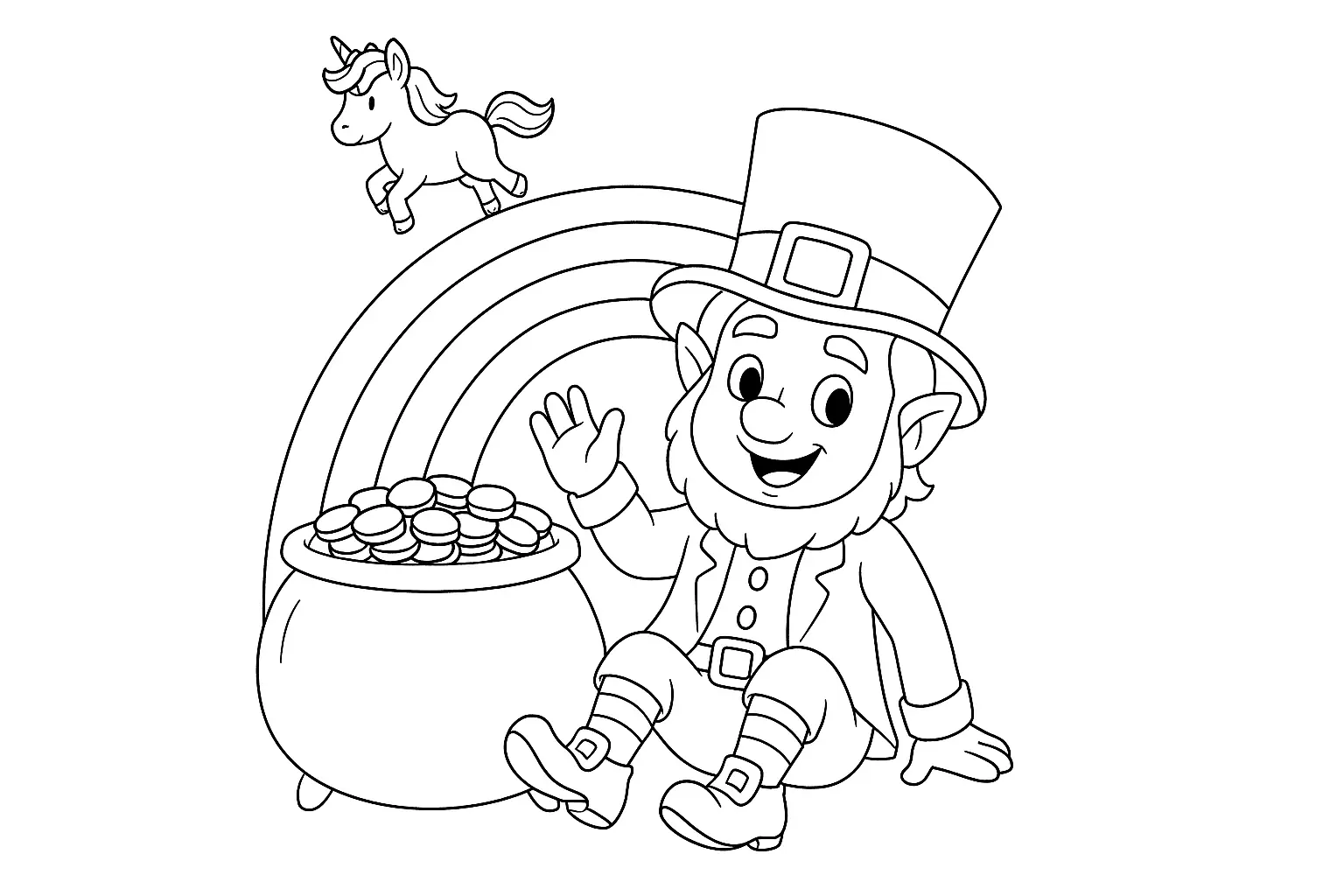 Fantasy Coloring Page: Leprechaun, Rainbow & Unicorn