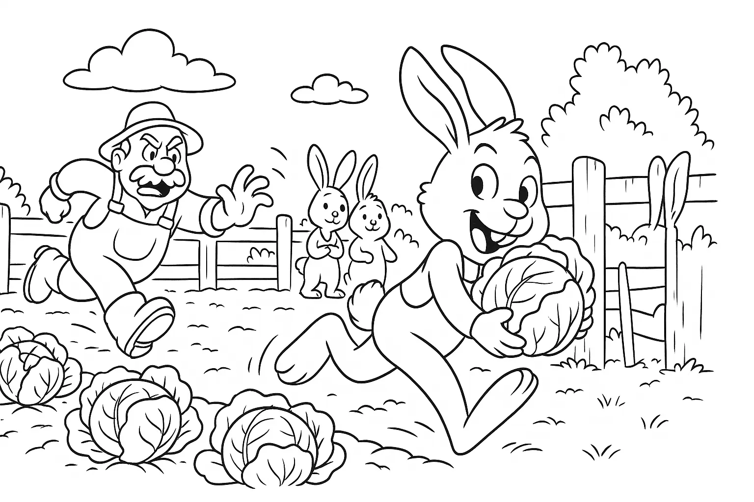 Farmer Chases Rabbit Holding a Cabbage – Coloring Page