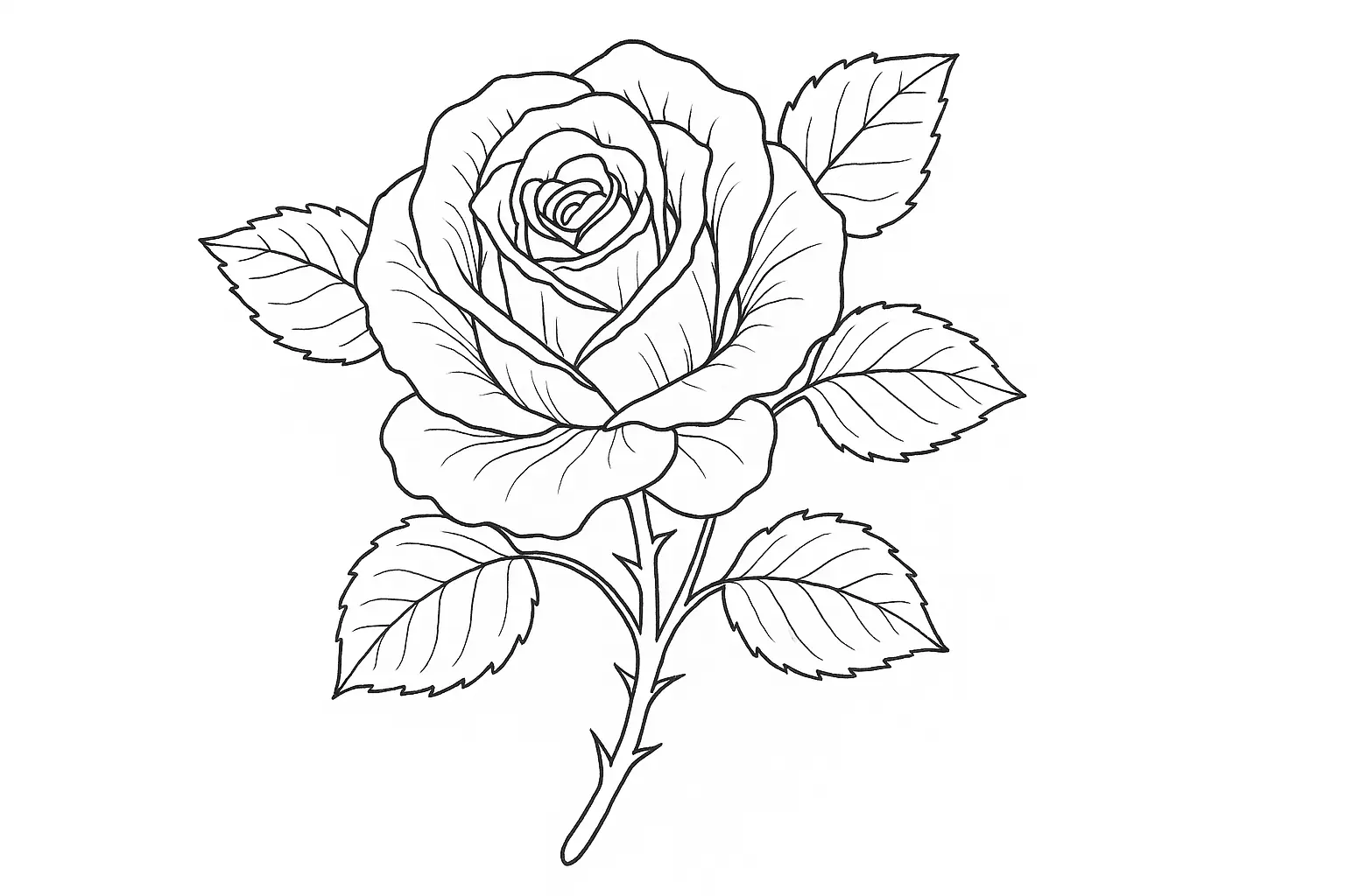 Floral Coloring Page: Rose with Stem & Serrated Leaves