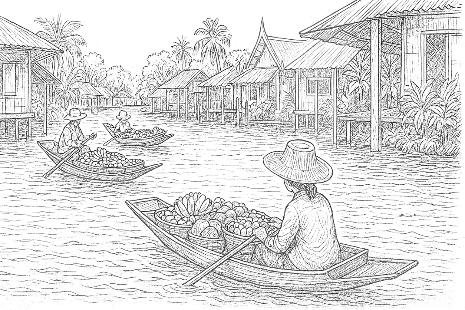 Free Coloring Page: Floating Market to Print