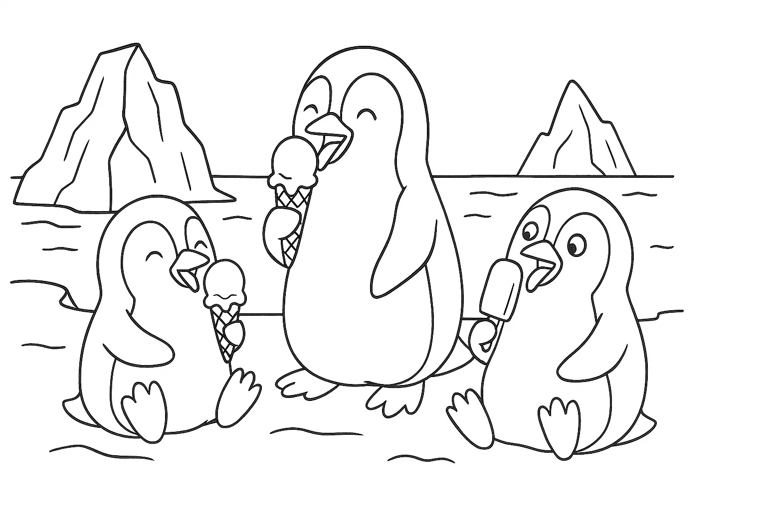 Free Coloring Page: Happy Penguins with Ice Cream (PDF)