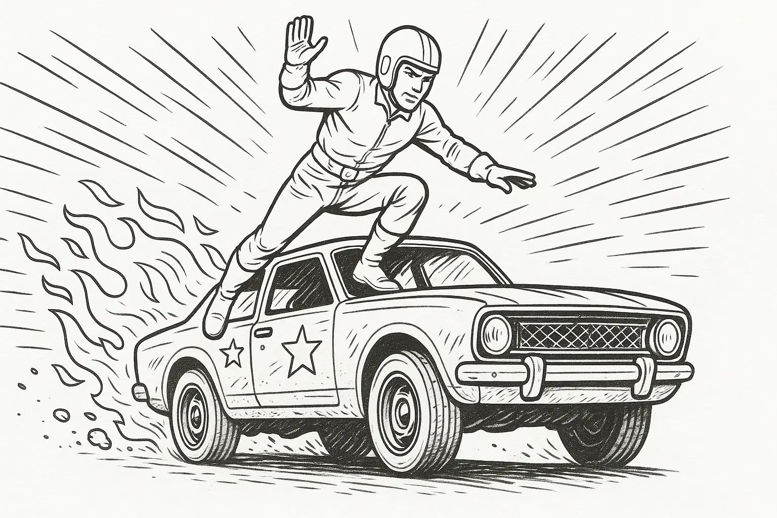 Action stuntman in a car for kids