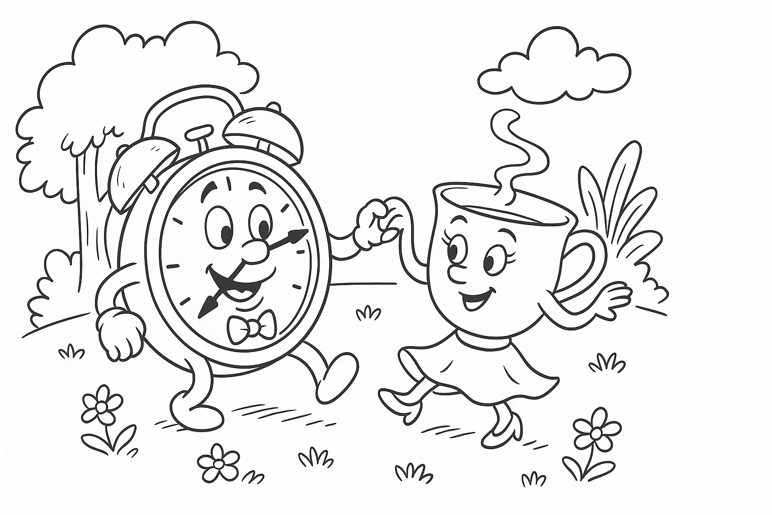 Alarm Clock & Teacup Dance – Fun Coloring Page