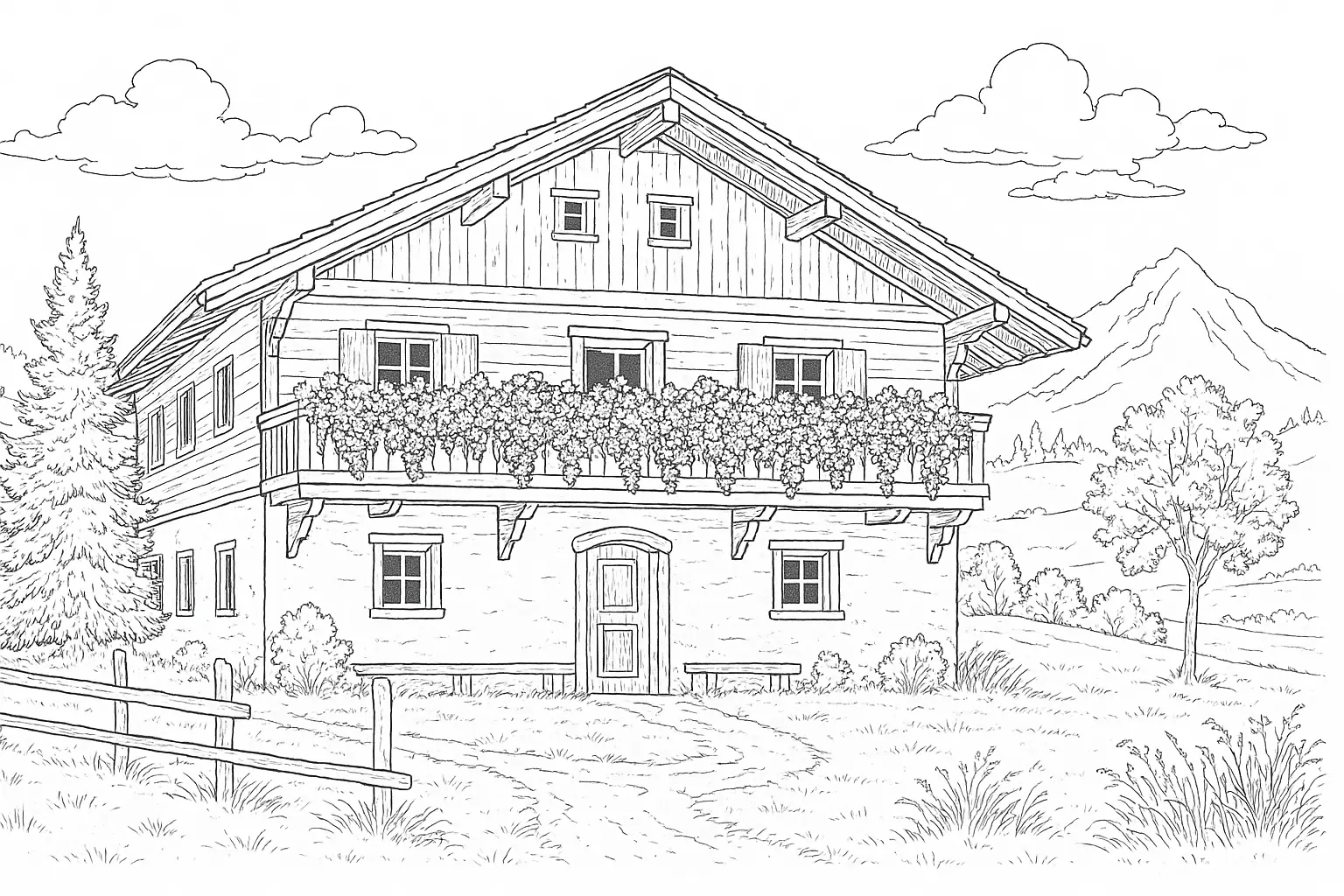 Alpine Cabin Coloring Page: Mountain House & Alps