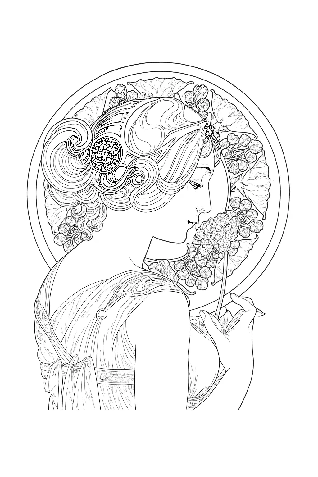 Art Nouveau Woman – Floral Ornament Coloring Page