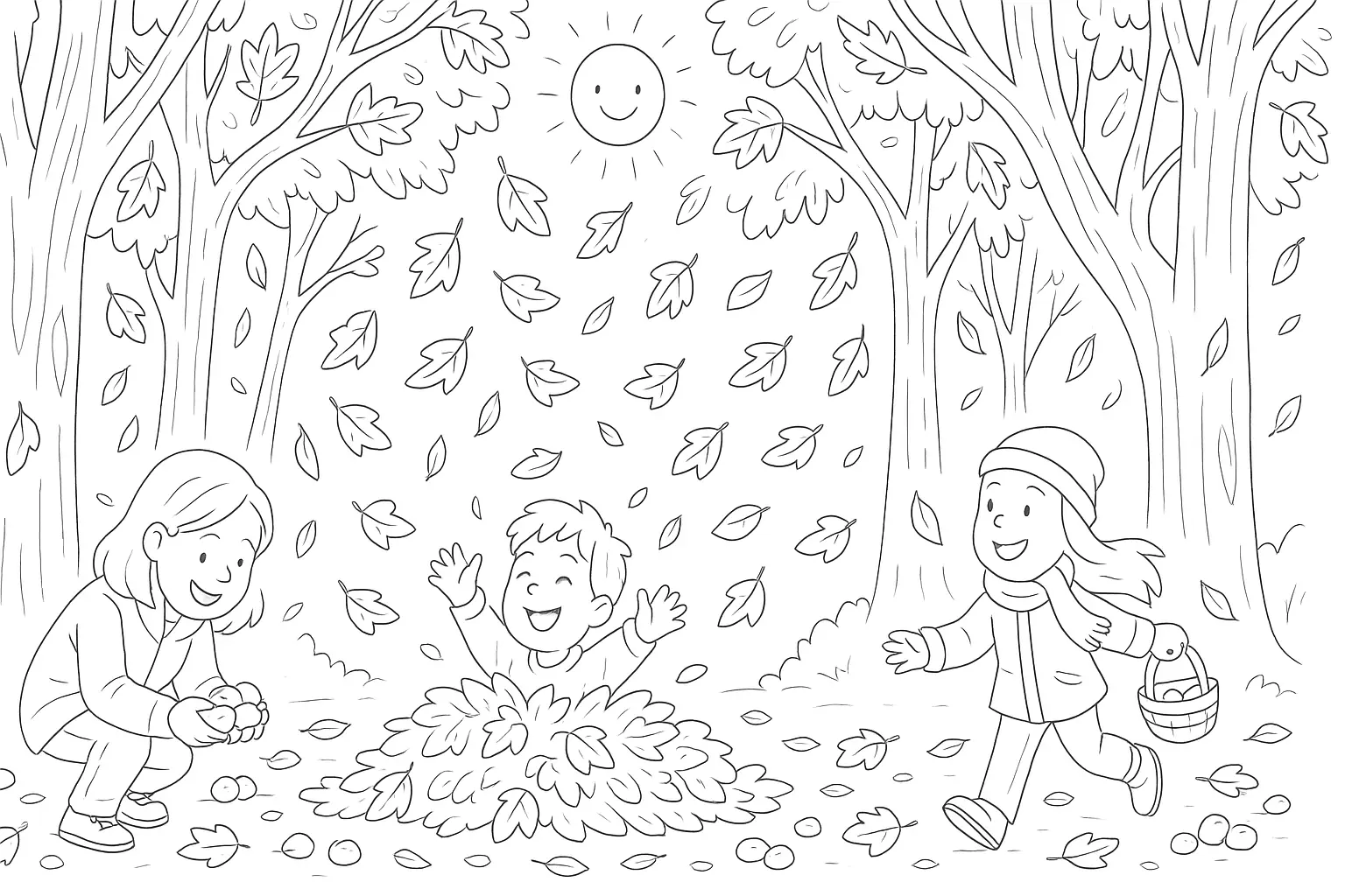 Autumn Coloring Page: Kids Collect Leaves & Chestnuts