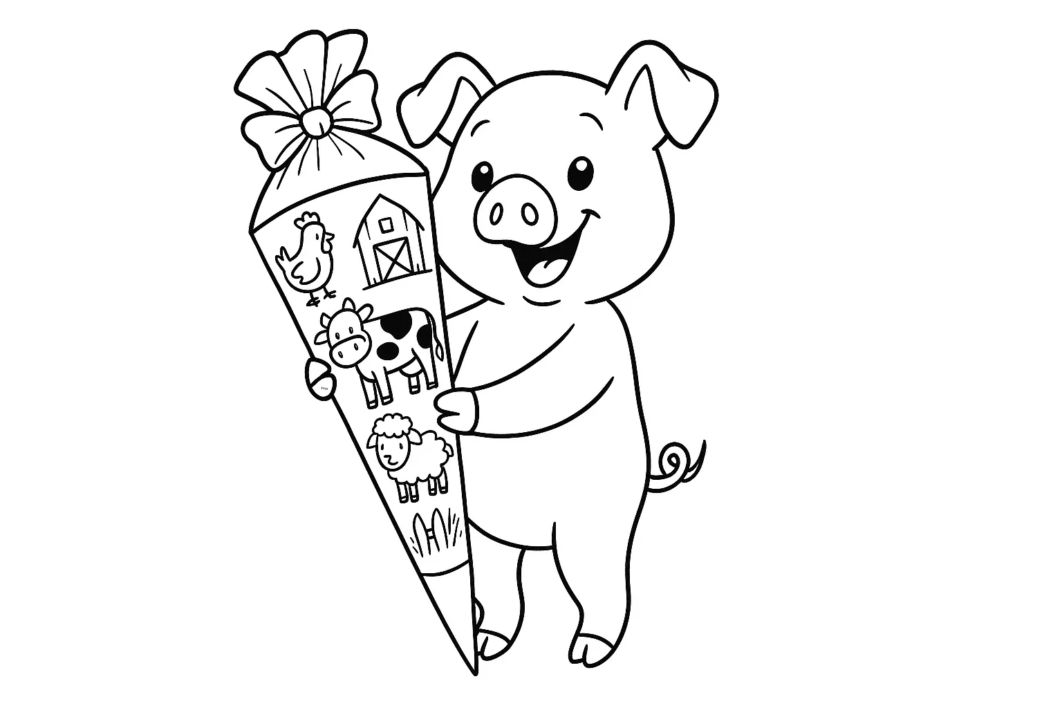 Back-to-School Coloring Page: Pig with Colorful School Cone