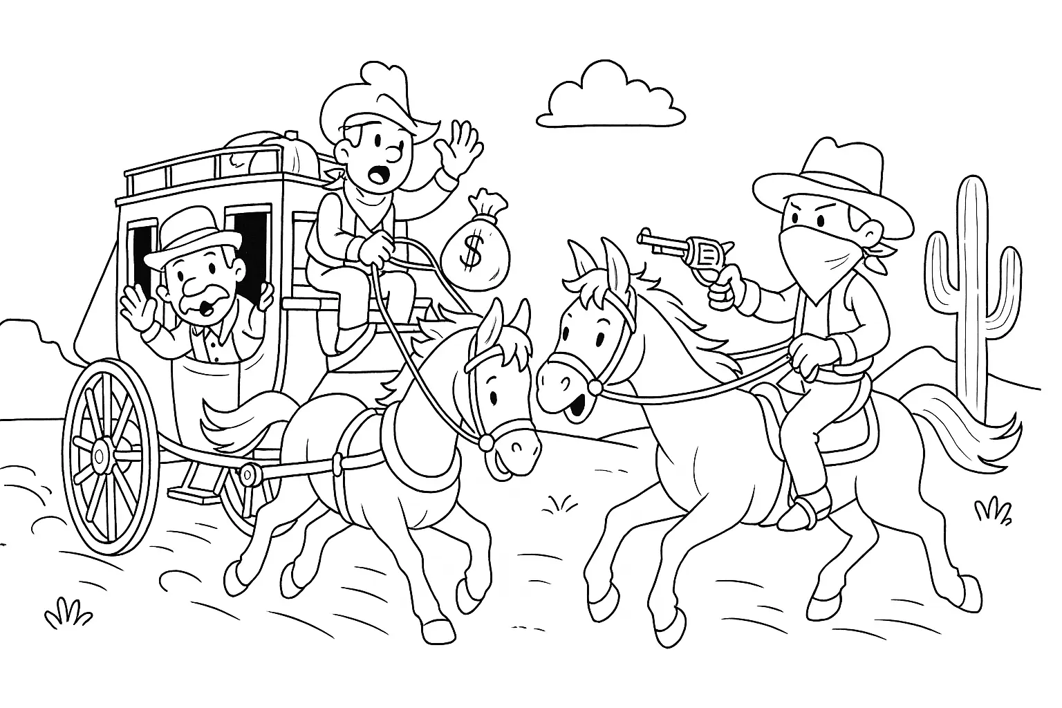 Bandit Robs Stagecoach – Coloring Page with Rider