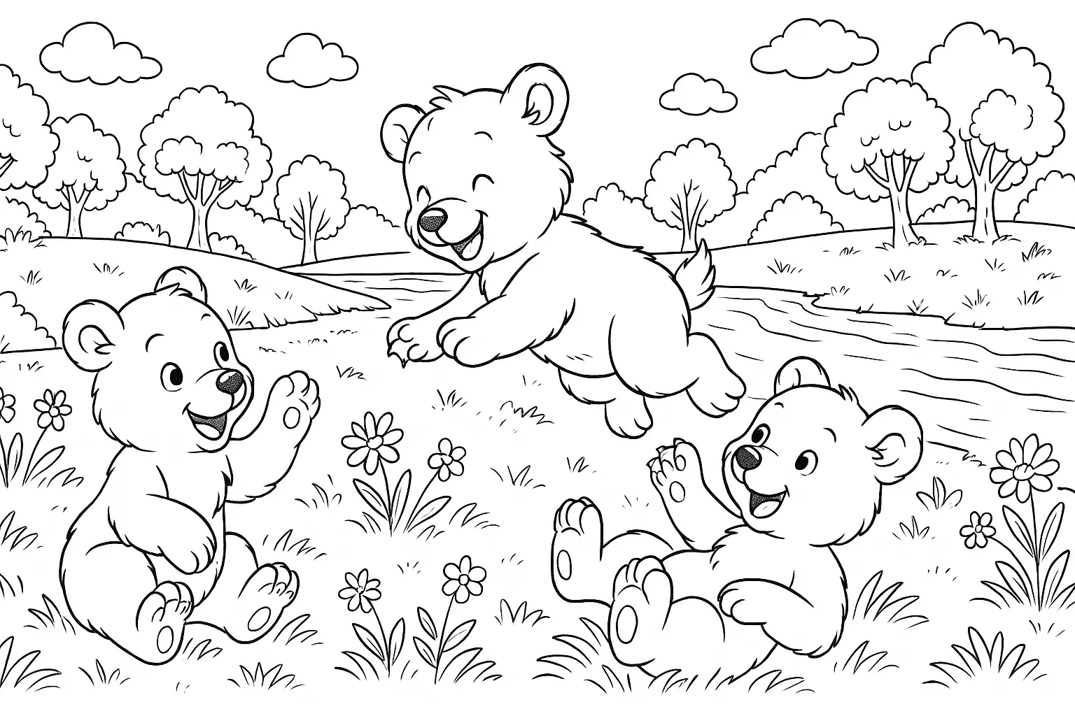 Bear Cubs Playing – Free Coloring PDF