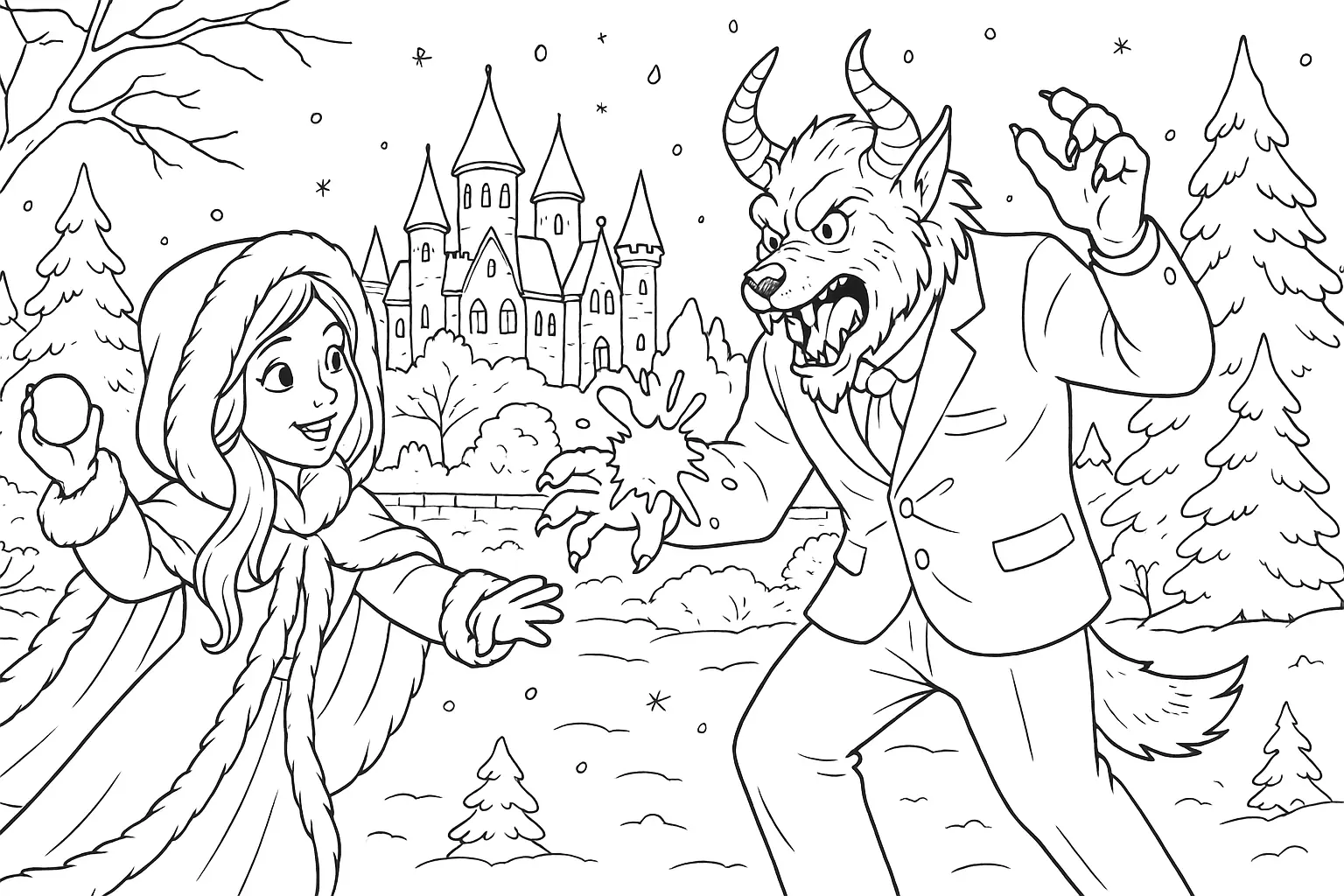 Beauty and the Beast – Snowball Scene Coloring Page