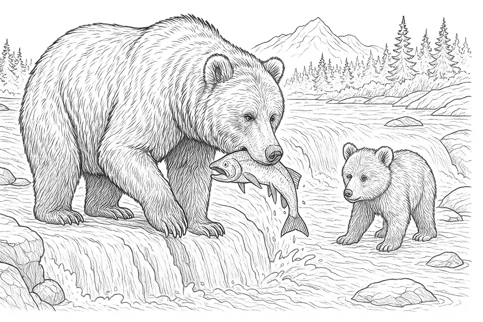 Brown Bear With Fish in Mouth – Free Coloring Page