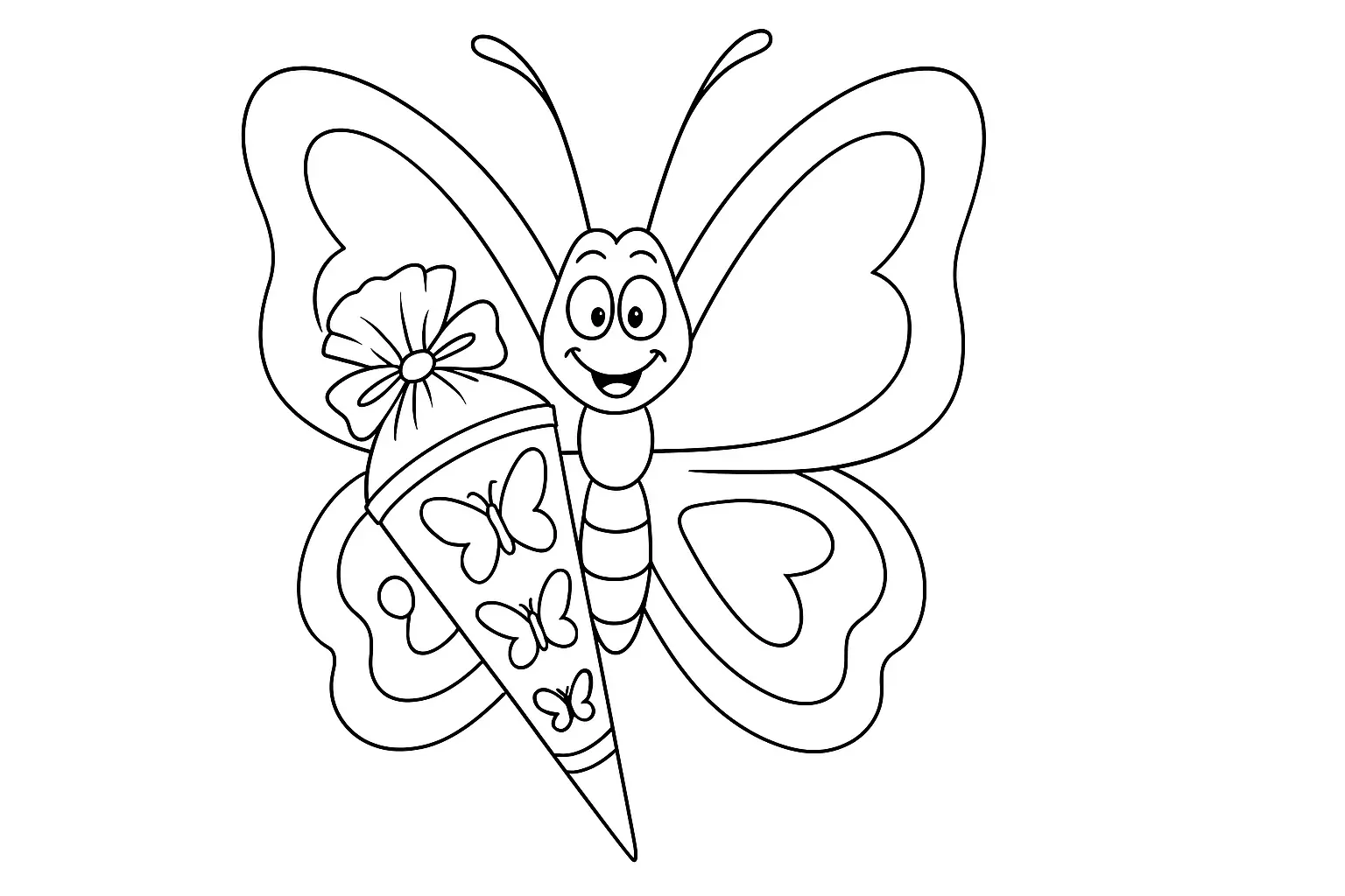 Butterfly with School Cone – Back-to-School Coloring Page
