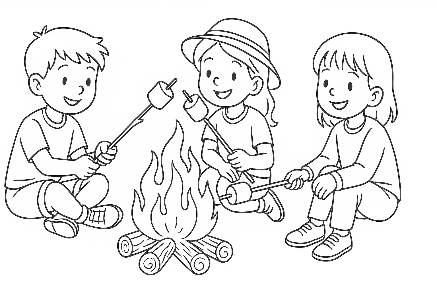 Camping Fun: Kids at the Campfire – Free Coloring Page