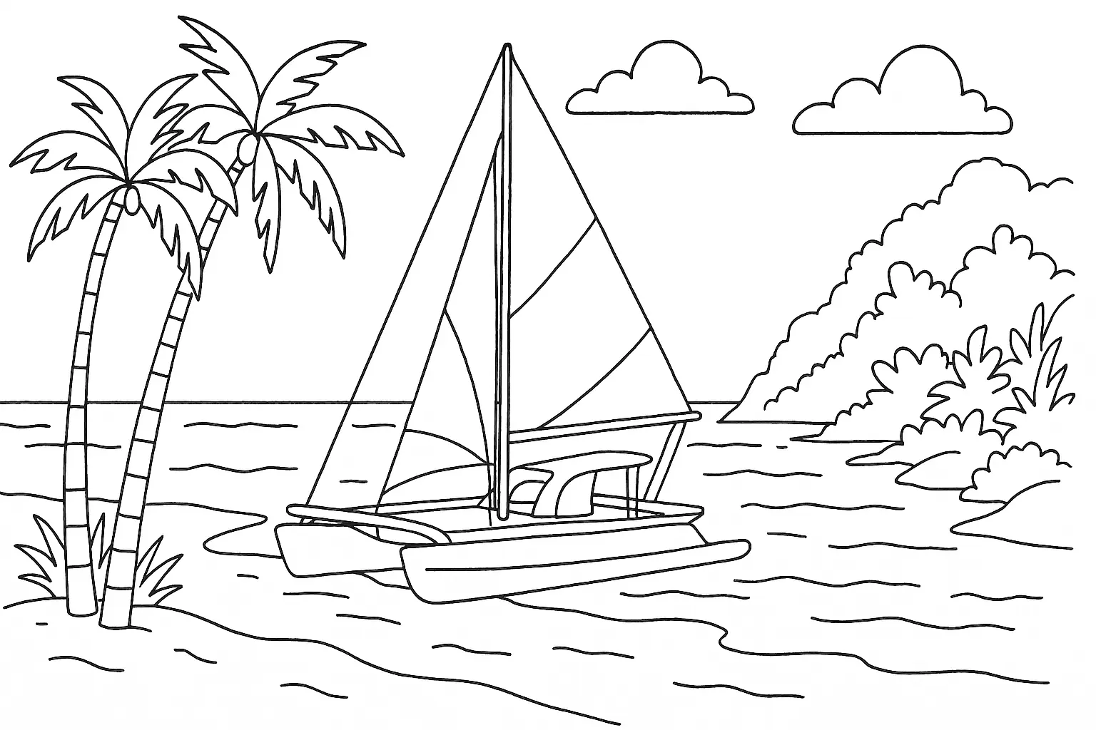 Catamaran on Holiday – Calm Coloring Page with Sea & Coast