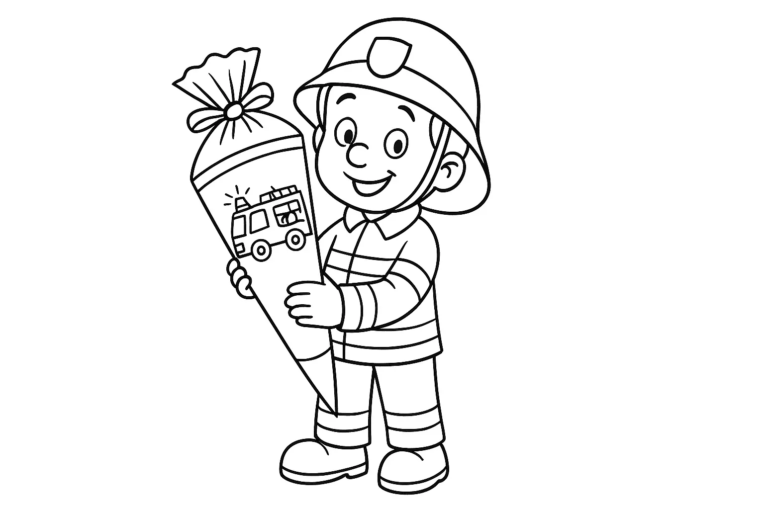 Child With Firefighter Helmet & School Cone – Coloring Page