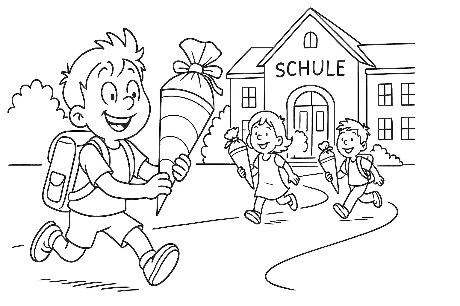 Child With School Cone in Front of the School – Free Coloring Page