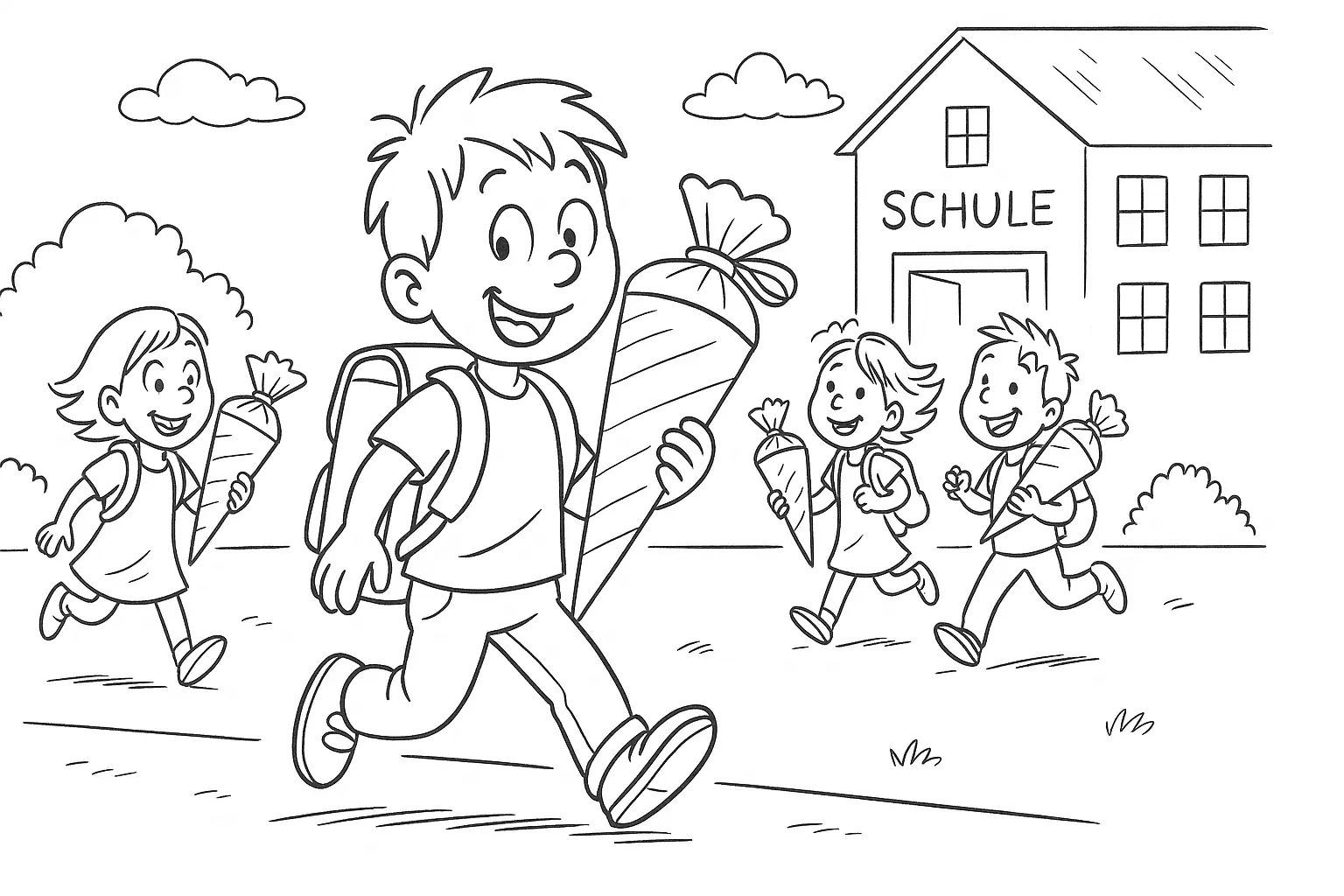Children With School Cones – Free Coloring Page