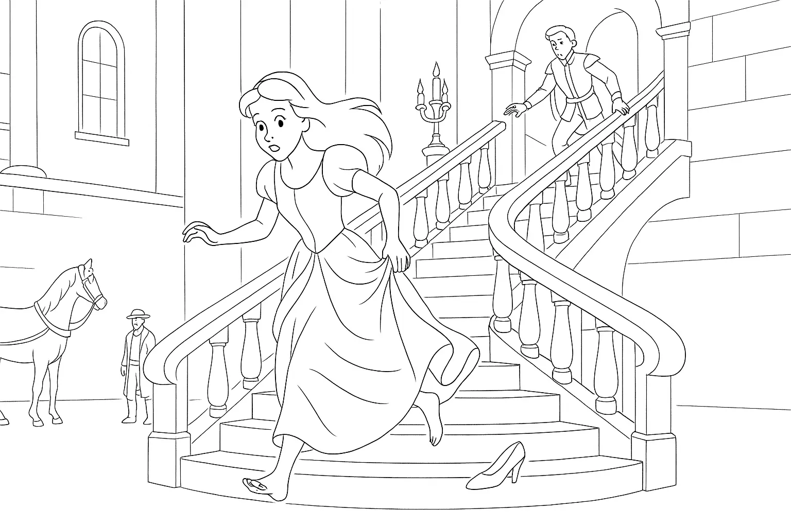Cinderella on the Staircase – Free Coloring Page to Print