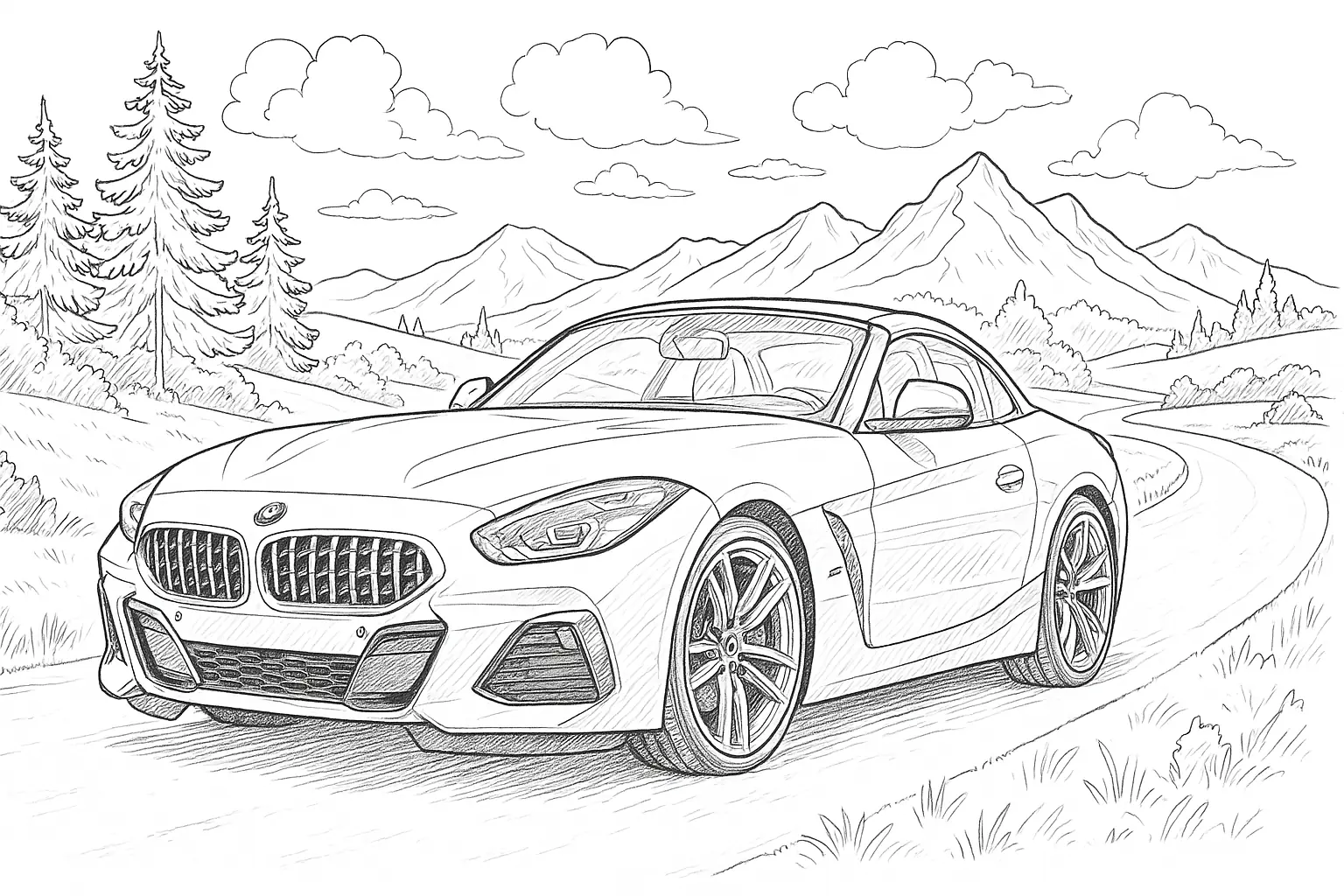 Coloring Page: Car on Country Road with Mountains