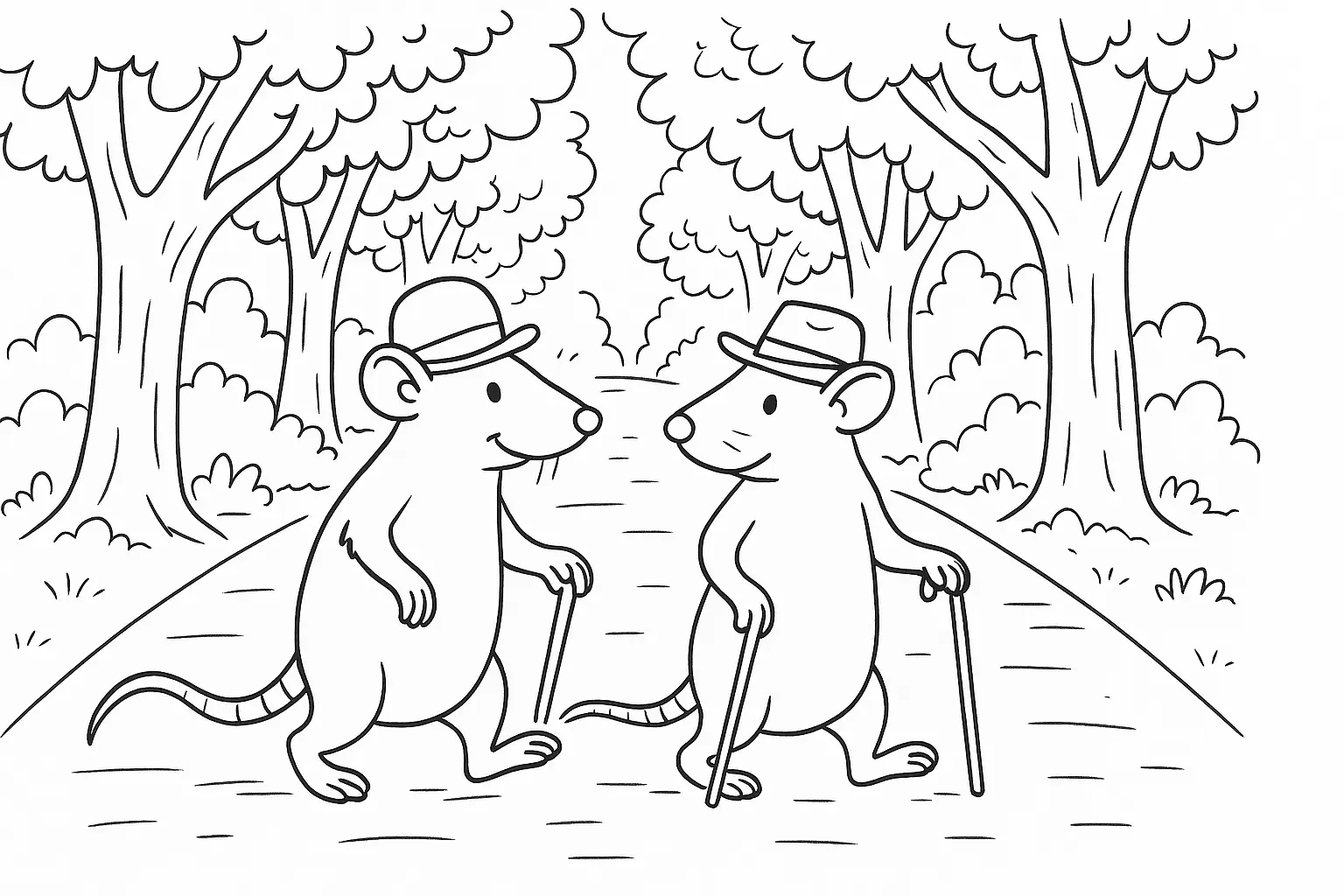 Coloring Page: Two Mice Walking in the Forest