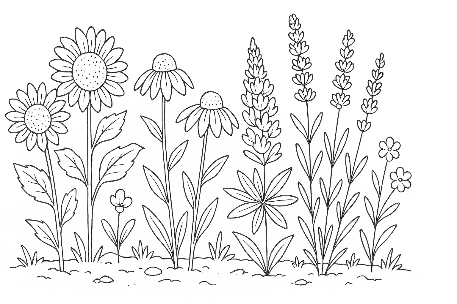 Coloring Page with Sunflowers, Lavender, and Meadow Blooms