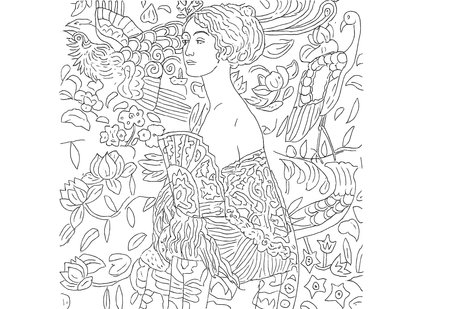 Coloring Page: Woman in Kimono with Birds & Ornaments (PDF)