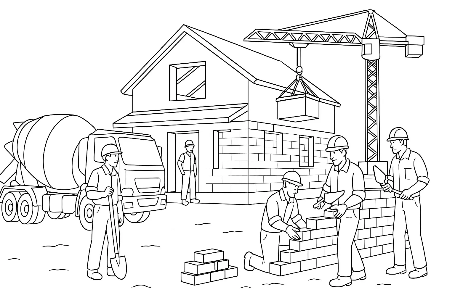 Construction Site with Workers and Crane