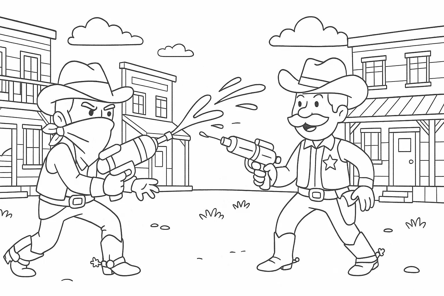 Cowboy Water-Pistol Duel – Free Coloring Page