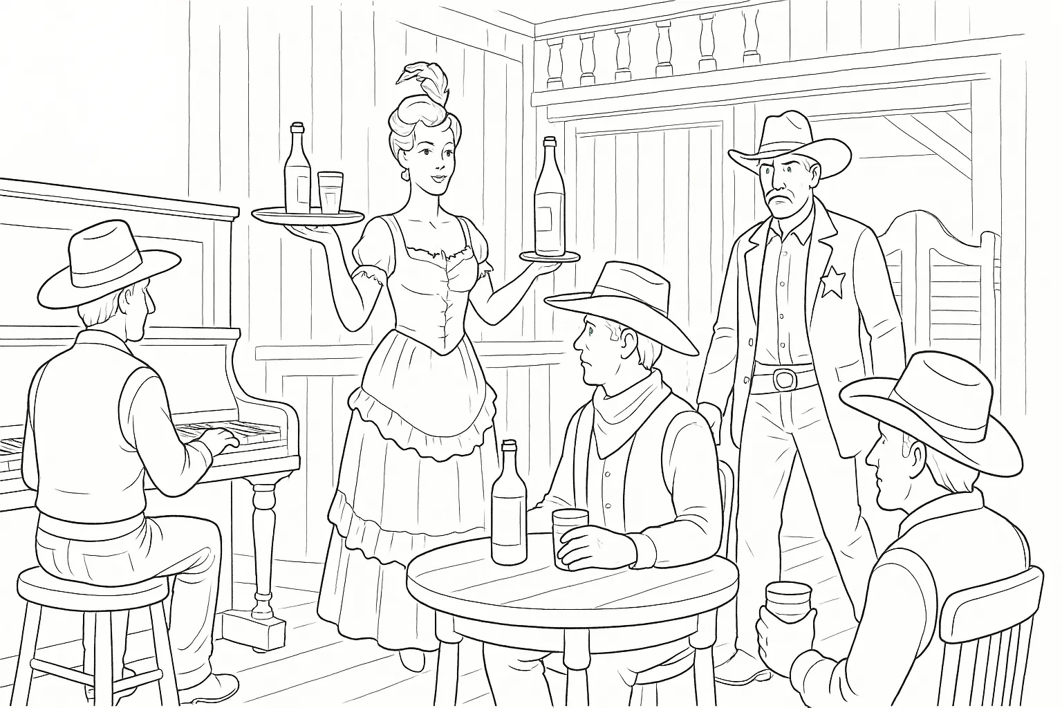 Cowboys in the Saloon – Free Coloring Page